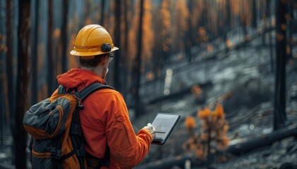Obraz premium Illustrate a forestry technician surveying the aftermath of a wildfire, assessing damage and planning restoration efforts to promote ecosystem recovery