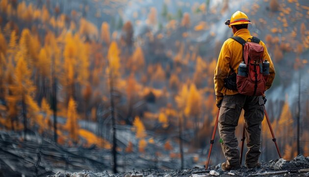 Illustrate a forestry technician surveying the aftermath of a wildfire, assessing damage and planning restoration efforts to promote ecosystem recovery