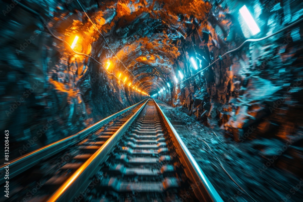 Poster this image takes you on a journey through a dark, moody railroad tunnel illuminated by warm, glowing