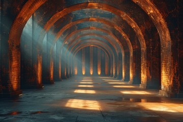 A historic sequence of arches beautifully illuminated, enhancing the brickwork in this majestic empty passage