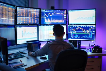 Naklejka premium Financial analyst reviewing market data on multiple screens, modern office