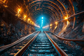 A thrilling view from inside a mining tunnel, showing rail tracks leading towards a lit exit,...