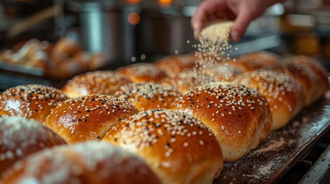artisan bread making, artisan baker applying sesame seeds on bread rolls before baking, showcasing traditional bread-making methods