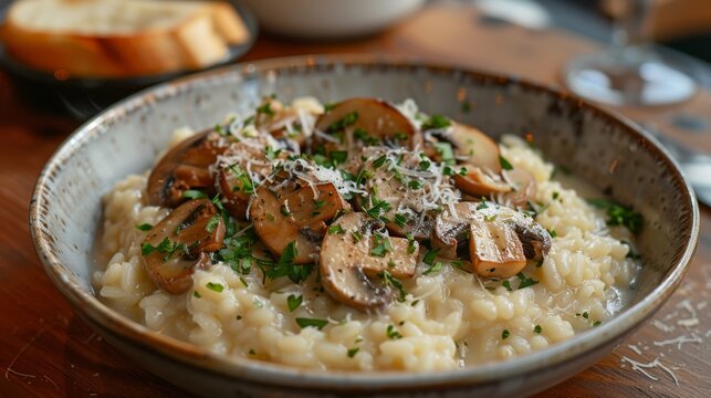 gourmet mushroom risotto, indulge in a creamy mushroom risotto garnished with parmesan and parsley, a tantalizing dish you wont be able to resist going back for more