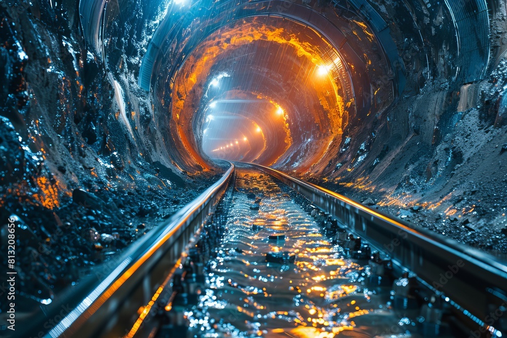Poster a long exposure capture of a lit train tunnel creating a colorful and dynamic reflection on the rail
