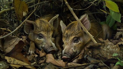 Wild boars Sus scrofa, young rookies lying in foliage, sleeping, captive. Generative Ai