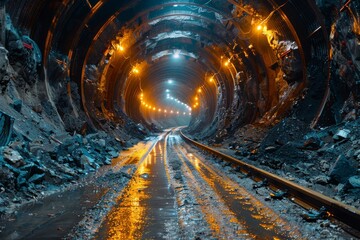 Rail tracks paved through a vividly lit industrial tunnel with striking textures and colors - Powered by Adobe