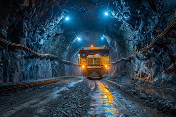 A yellow train is moving through a rocky tunnel with vibrant blue and orange lighting providing a dramatic scene