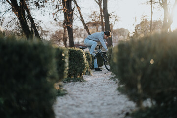 Man resting on a bicycle in a serene park environment during golden hour, with expressive body...