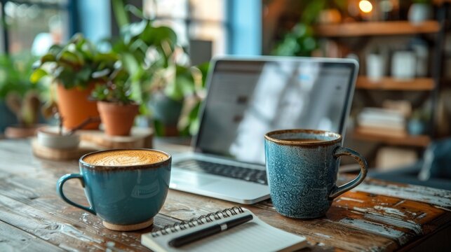 organized workspace, a laptop, planner, and coffee mug on a tidy desk create a serene workspace conducive to focused work
