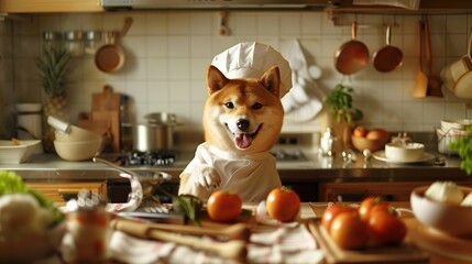 Cute Shiba Inu Dog Chef Cooking . Generative Ai