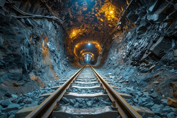 A serene view of abandoned mine rail tracks leading into the darkness, surrounded by rocky walls and lit only by the light at the far end