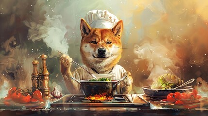 Cute Shiba Inu Dog Chef Cooking . Generative Ai