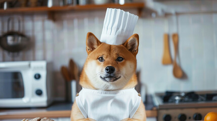 Cute Shiba Inu Dog Chef Holding Knife and Rolling Pin. Generative Ai