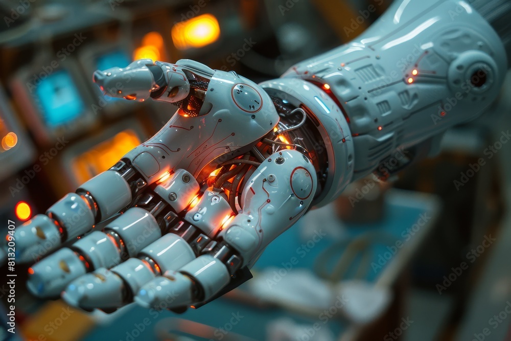 Poster close-up of a robotic hand with detailed design and illuminated fingers indicating advanced technolo