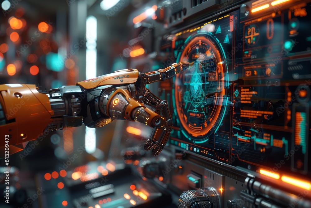 Aufkleber a robot arm actively engaging with a digital display, exemplifying futuristic automation technology