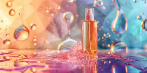 Vibrant cosmetic spray bottle with water drops background
