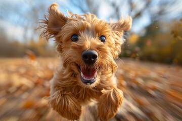 A happy small dog, likely a Yorkshire Terrier, with mouth open and eyes shining, mid leap among falling autumn leaves