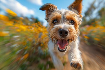 A dog with tongue out, ears flopping, running energetically in a field of yellow flowers Dynamic effect with motion blur