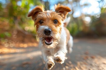 Small happy puppy with ears flying, making direct eye contact while running towards the viewer