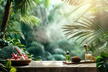 Jungle table background. Interior table for a cosmetic item against the backdrop of tropical plants, palms and jungle - generative ai