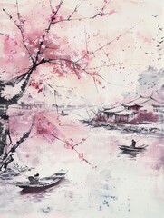 A springtime illustration of cherry blossom branches, showcasing pink sakura flowers in a traditional Japanese floral design