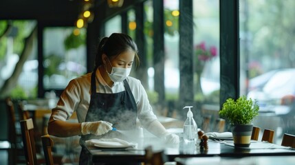 Waitress cleaning the table with spray disinfectant in a restaurant corona virus prevention - obrazy, fototapety, plakaty