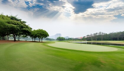 Serene golf course landscape at sunrise