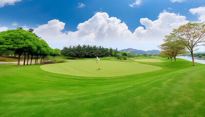 Naklejka premium Vibrant green golf course with clear skies and lush trees on a sunny day
