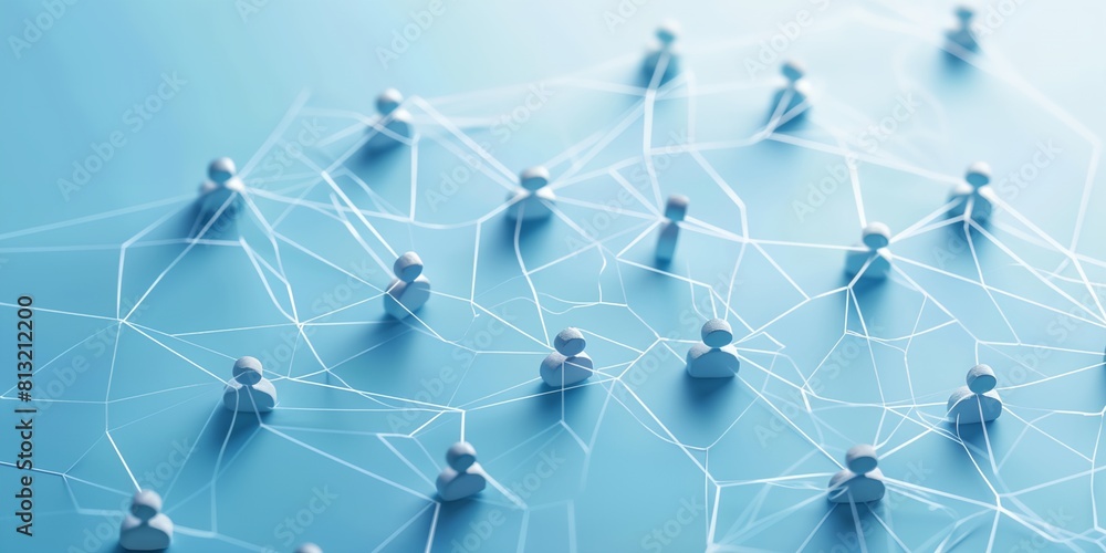Poster a group of people standing in a network of lines and dots on a blue background