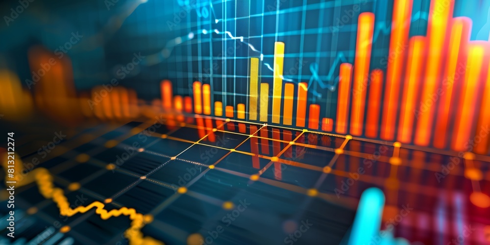 Poster a close up of a bar chart with a blue background and a yellow line going up