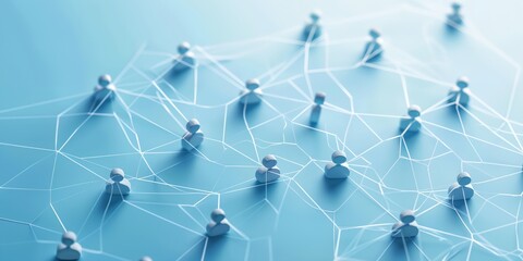 a group of people standing in a network of lines and dots on a blue background - obrazy, fototapety, plakaty