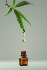 bottle of oil with a drop of oil on it and a green cannabis leaf hanging from it's top - obrazy, fototapety, plakaty
