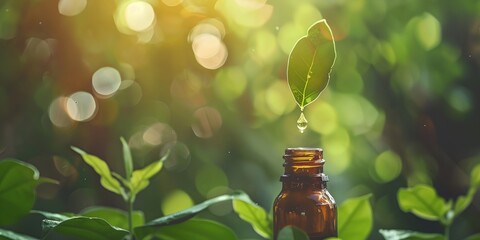 bottle of essential oil with a leaf droplet on top of it in front of a green background - obrazy, fototapety, plakaty