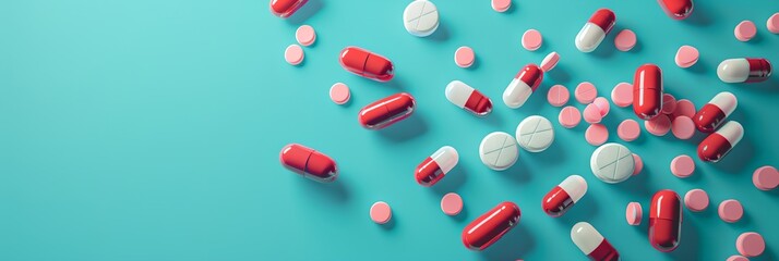 a group of pills scattered on a blue surface - obrazy, fototapety, plakaty