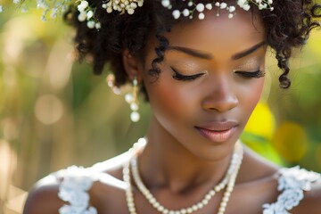 a woman with a flower crown on her head and pearls on her necklace - obrazy, fototapety, plakaty