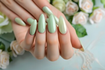 a woman's hand with a green manicure on it and flowers in the background - obrazy, fototapety, plakaty