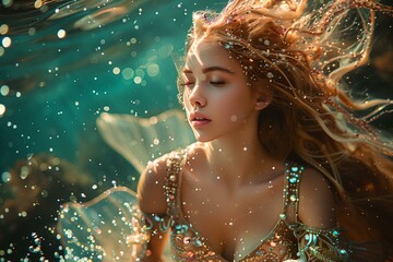 mermaid woman with long hair is in the water with bubbles around her - obrazy, fototapety, plakaty