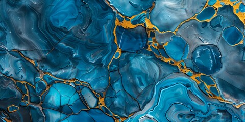 a blue and yellow abstract painting with yellow accents on it's surface - obrazy, fototapety, plakaty