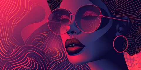 a woman with round glasses and a pink background with wavy hair - obrazy, fototapety, plakaty