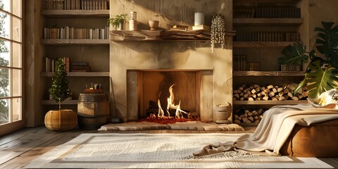 a living room with a fire place and a rug on the floor - obrazy, fototapety, plakaty