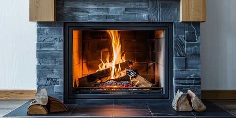 a fireplace with a fire burning in it - obrazy, fototapety, plakaty