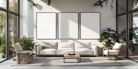 Fototapeta premium a living room with a couch, chairs, and a table with a plant in it and three poster mock-up on the wall