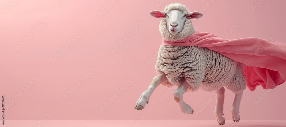 Poster superhero sheep flying on gradient pastel backdrop with ample copy space for text placement