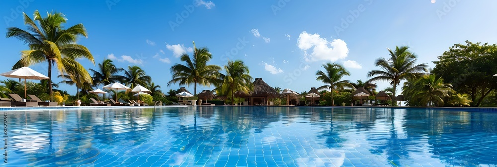 Poster a large pool with a bunch of umbrellas next to it and palm trees in the background on a sunny day