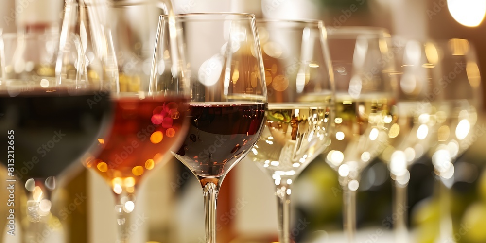 Aufkleber wine glasses filled with different wines in a row on a table top with a blurry background