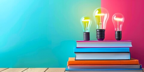 3 light bulbs on top of colorful books, pastel color background, copy space concept for back to school or education theme
