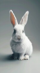 Adorable white bunny with fluffy fur sits on a table, twitching its nose