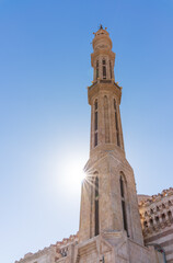 Tower of Al Mustafa Mosque in Old Town of Sharm El Sheikh in Egypt, at sunset