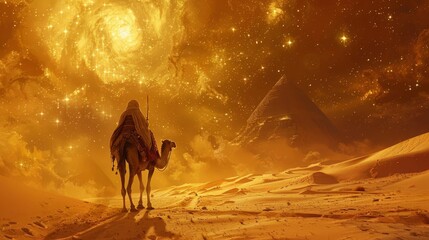 Illustrate a lone nomad navigating through endless sand dunes, guided by the stars and a loyal camel by his side